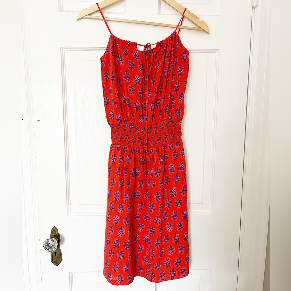 Tory Burch Red Mini Dress with Floral Print Size 0 Tie Front Top and Cinched Wai